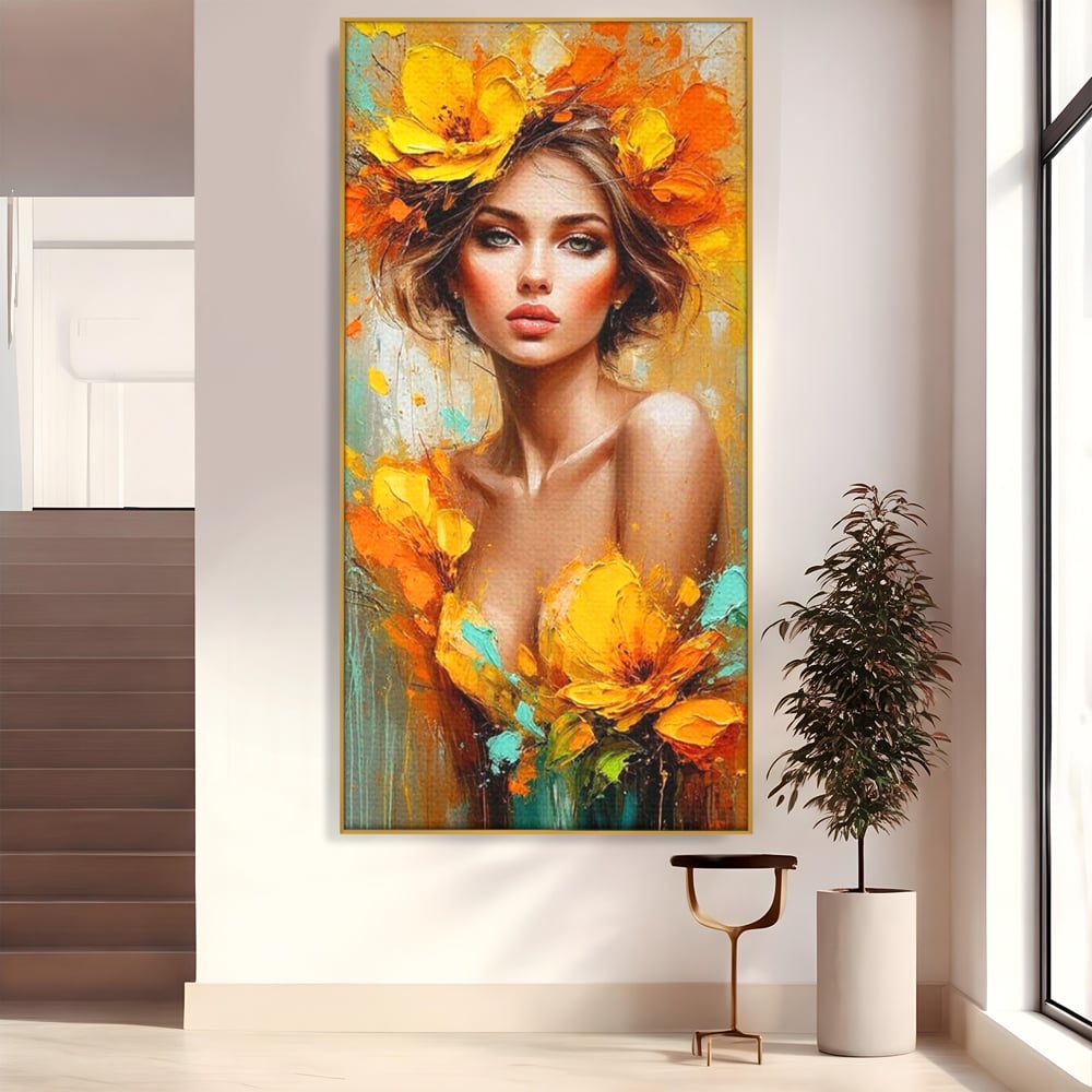 Tablou canvas cu pictura portret femeie cu flori galbene, in rama de aluminiu auriu